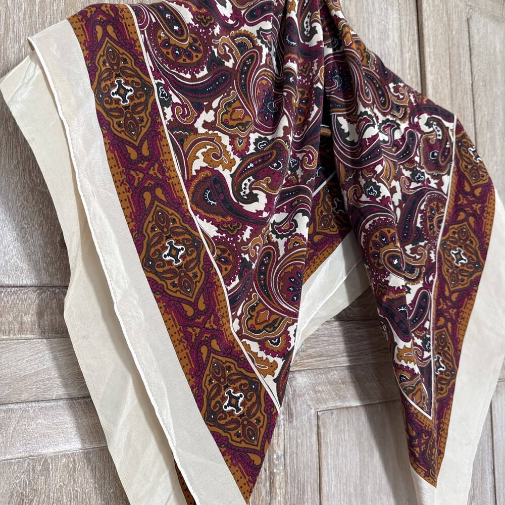 Vintage Silk Paisley Scarf 32x34 Burgundy Rust Mustard Gold Ornate Border 70s